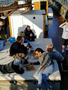 Trainees relax during the Tall Ships Races on board Vega Gamleby